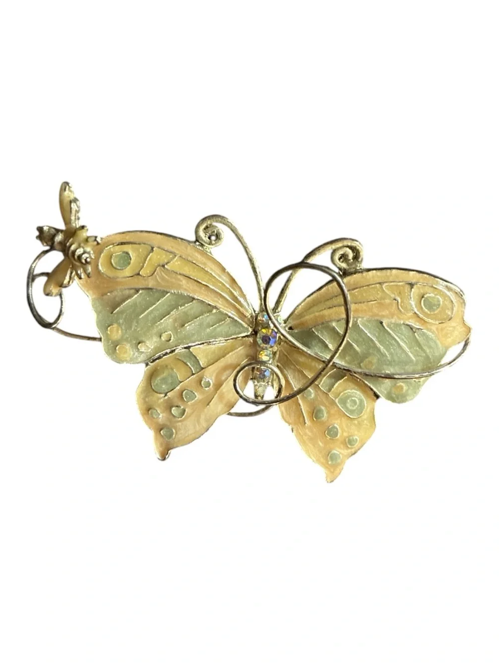 Pink & Green Enameled Butterfly Brooch With Bee